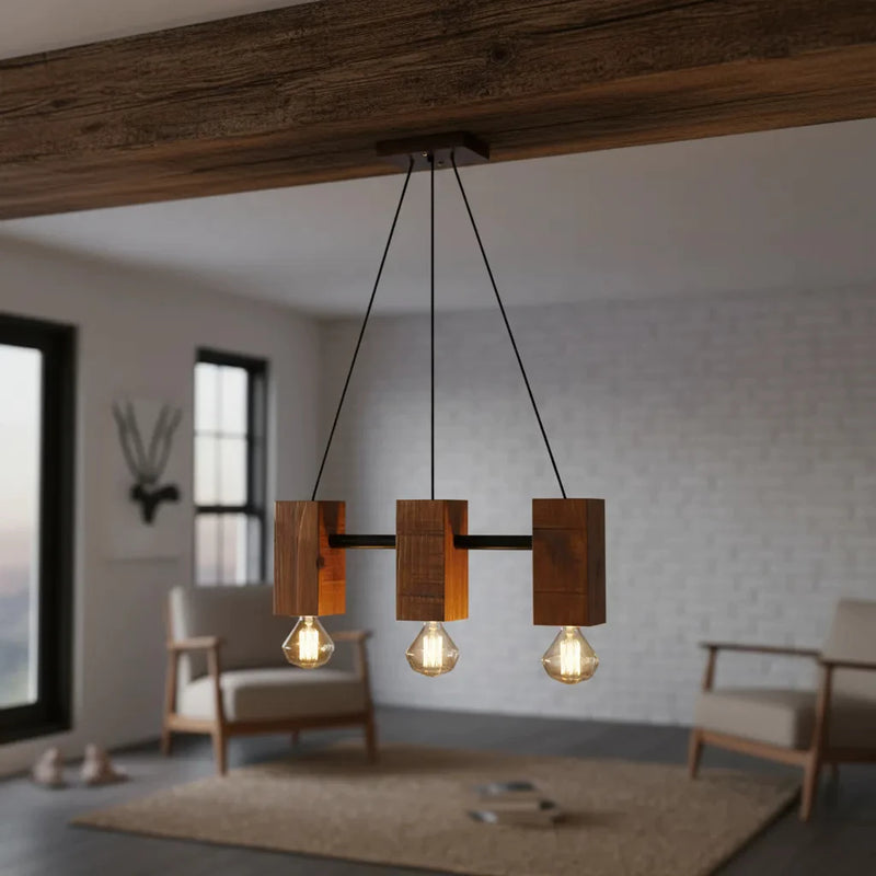 Luminária Lustre Pendente Rustica Madeira Maciça 3bocal 55cm