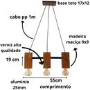 Luminária Lustre Pendente Rustica Madeira Maciça 3bocal 55cm
